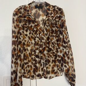 Jones New York Leopard Ruffle Front Blouse in Brown and Cream
